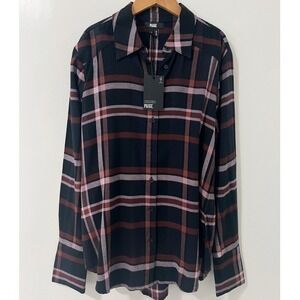 PAIGE Davlyn Shirt Navy Tinted Taupe Plaid Button Down Long Sleeve Small NEW